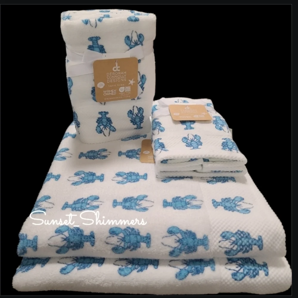 6pc Coastal Blue Lobster Bath Hand Tip/Washcloth Towel Set Deborah Connolly New - Picture 8 of 8